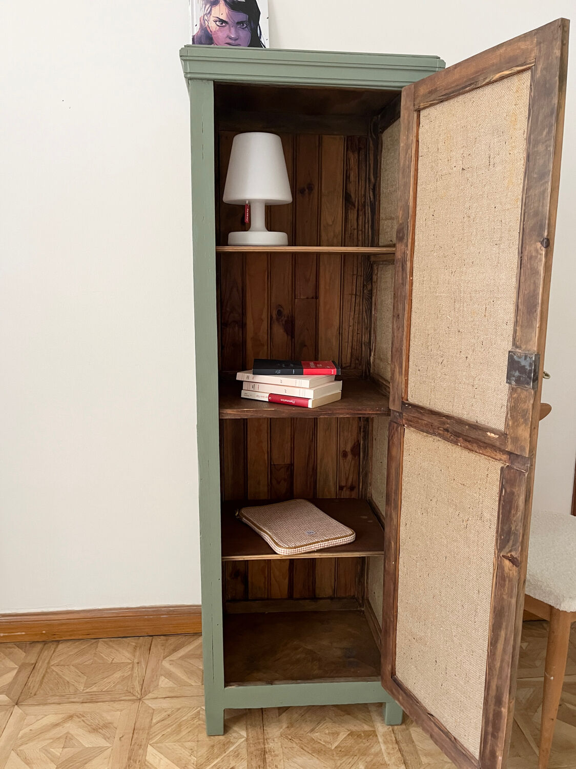 Small green cupboard celadon and jute