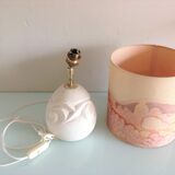 Ovoid lamp in carved stone and printed lampshade / vintage 60-70s