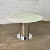 Italian dining table with white marble top and chrome cylindrical base