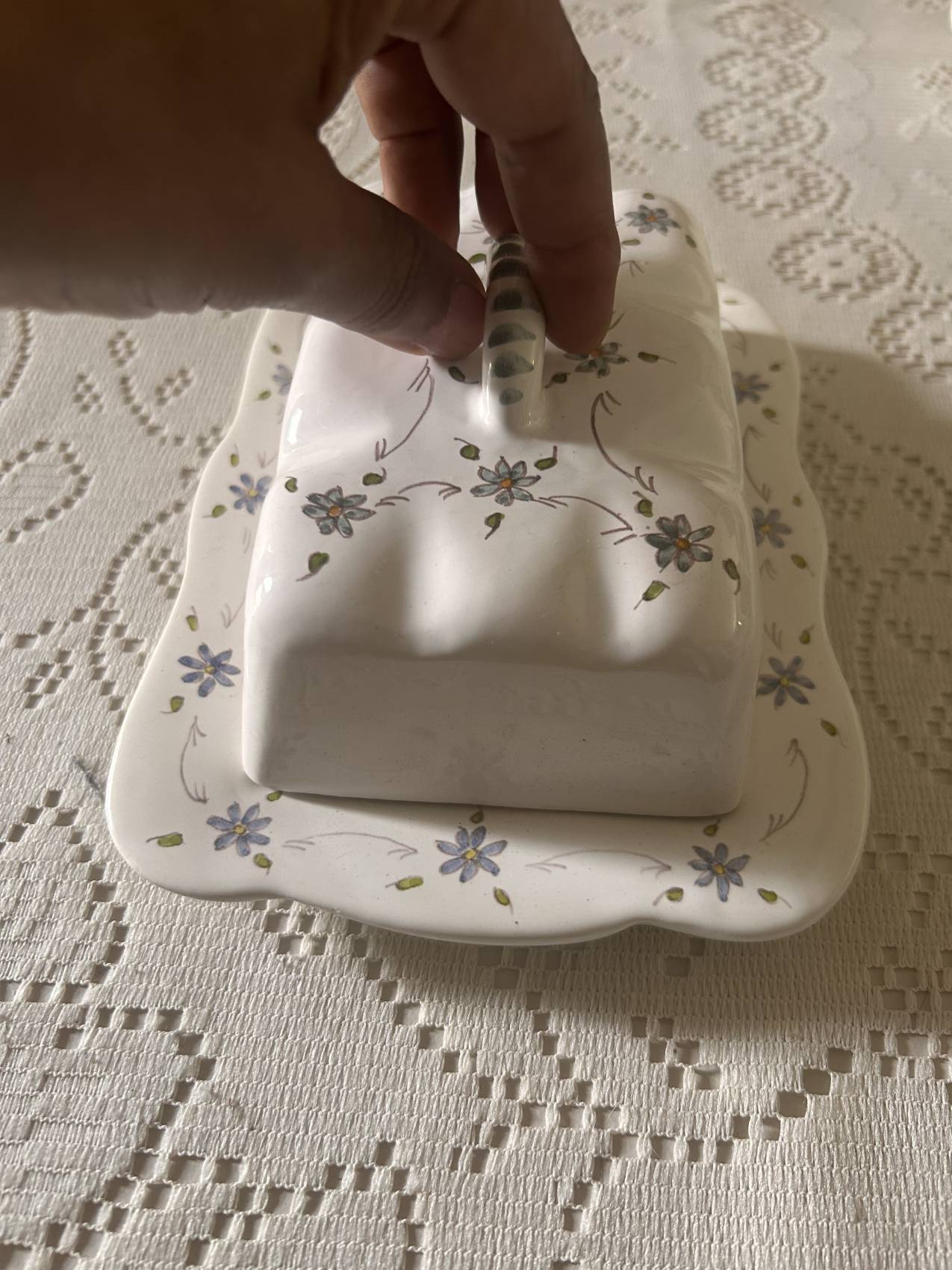 Handcrafted floral earthenware butter dish from the 1970s – Artisan production