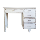 Bureau en chêne rétro blanc patiné pied compas