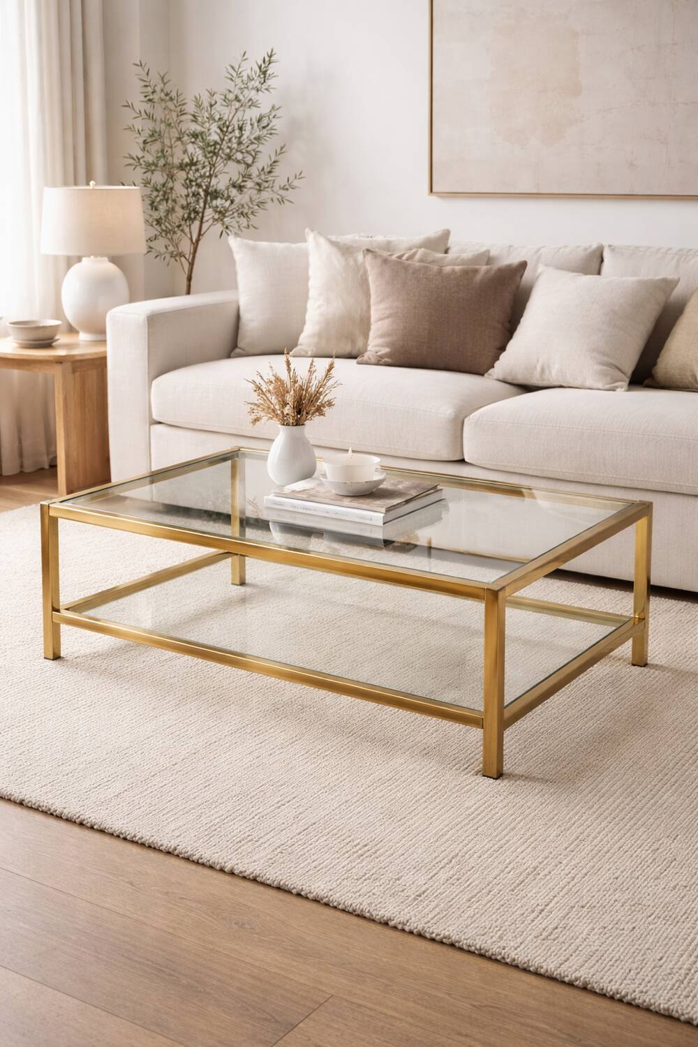 Grande table basse vintage verre et laiton – années 1960-1970