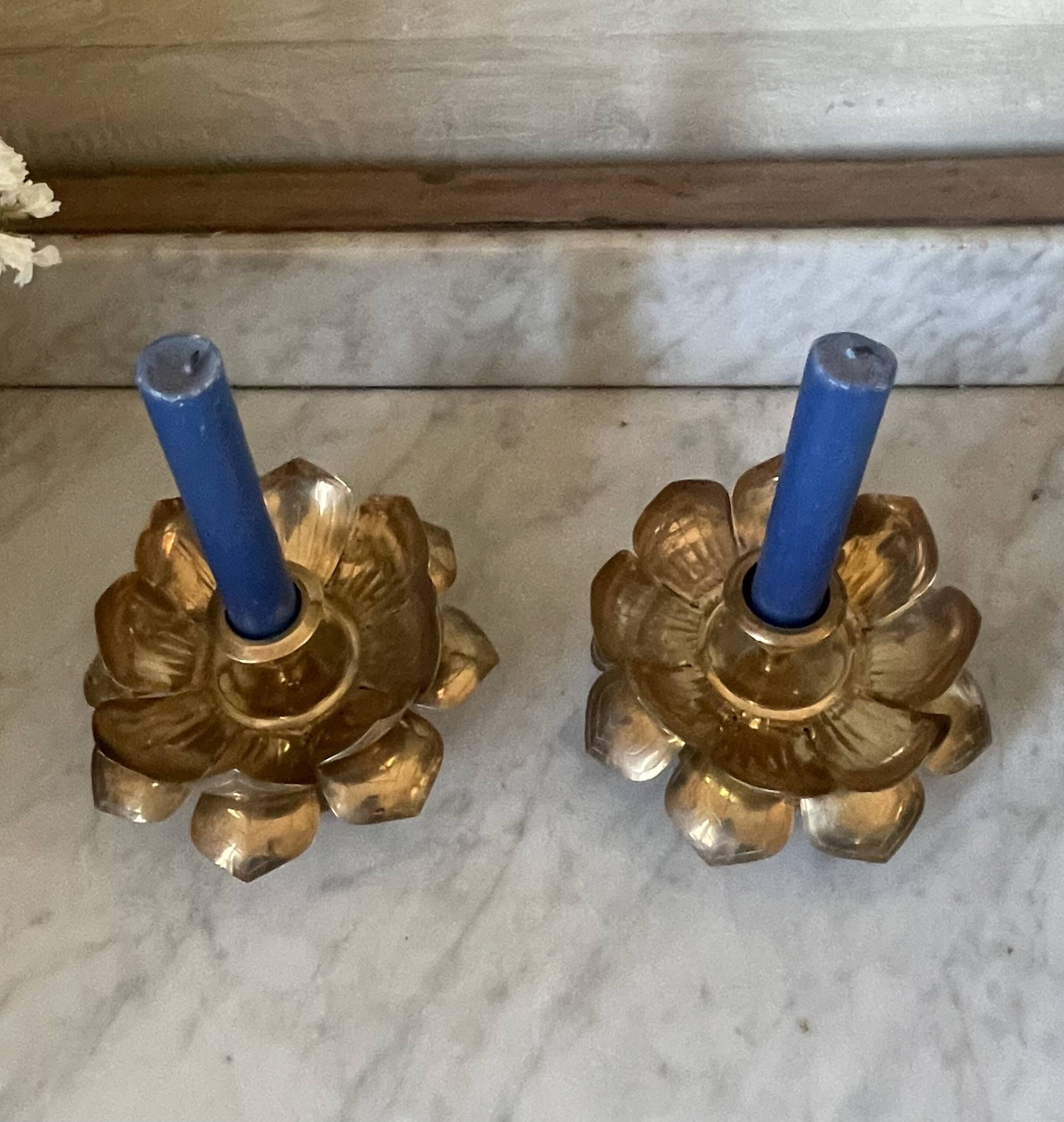 Lotus brass candlestick pair