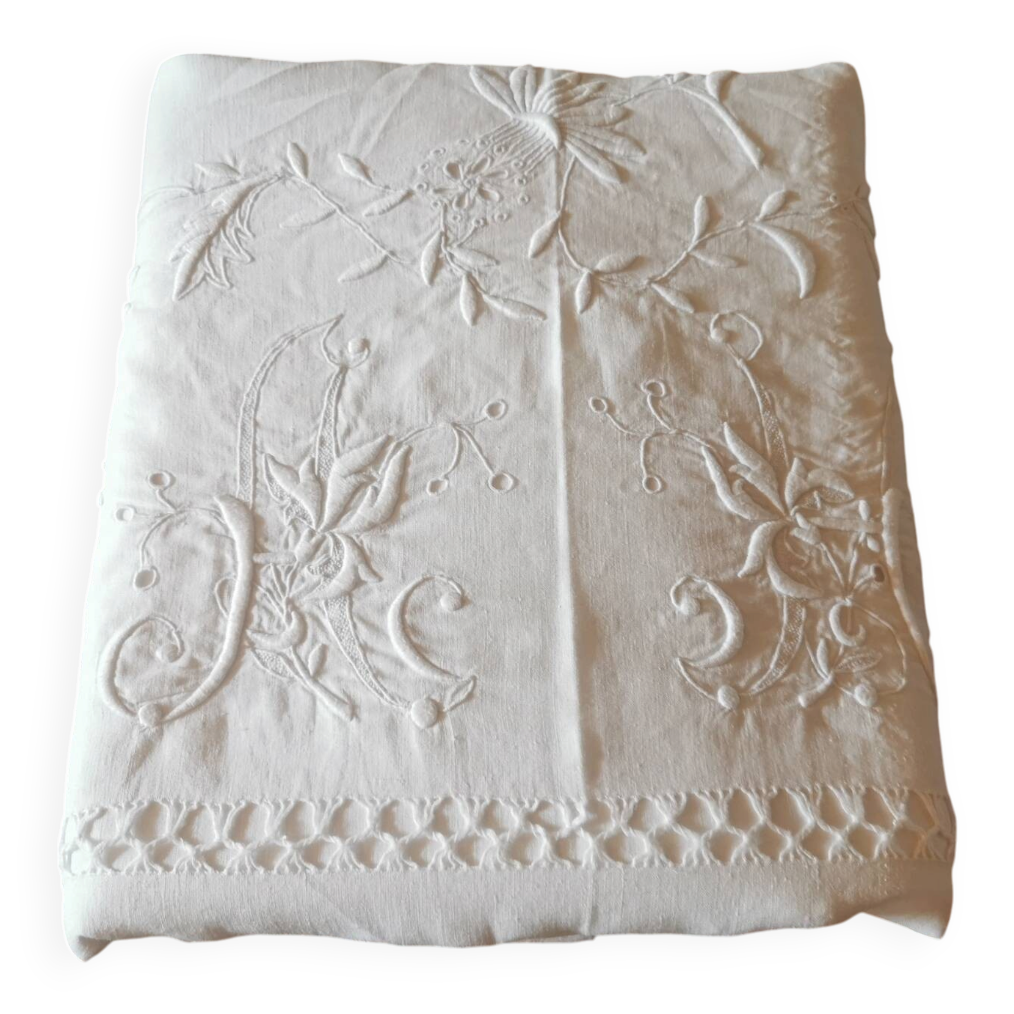 Large antique linen sheet monogrammed AH