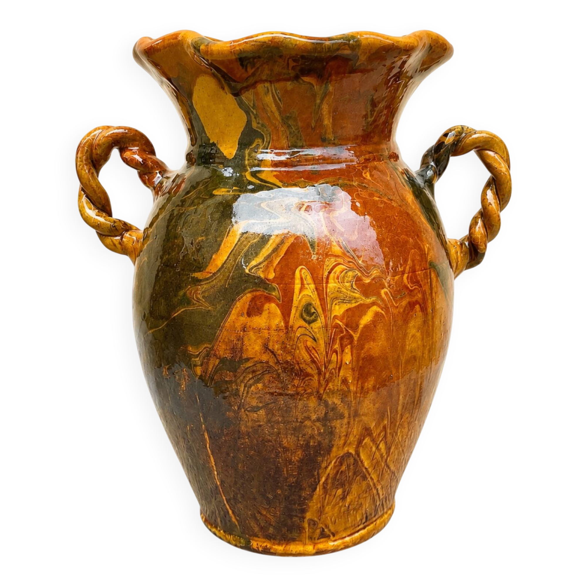 Ancien grand vase en terre cuite vernissée jaspée