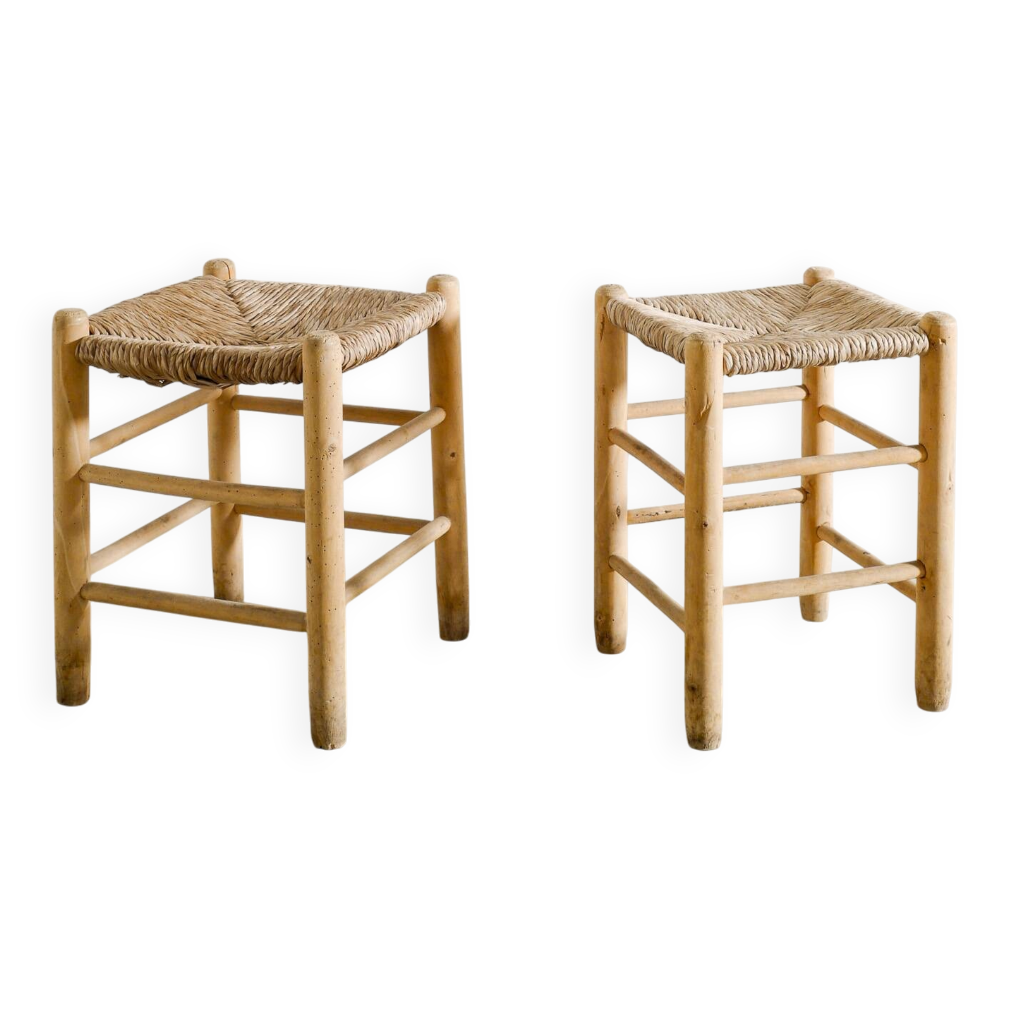 Pair of French Mid Century Wooden Straw Stools, 1960s