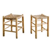 Pair of French Mid Century Wooden Straw Stools, 1960s
