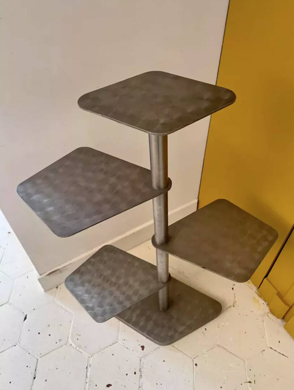 Vintage modernist side table, brushed chrome metal, France 1970