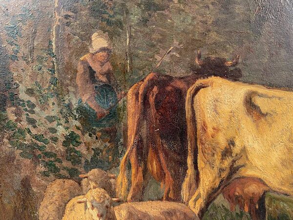 Andres Cortes (peintre espagnol 1812- 1879), paysage aux vaches et moutons. Huile sur toile XIXe