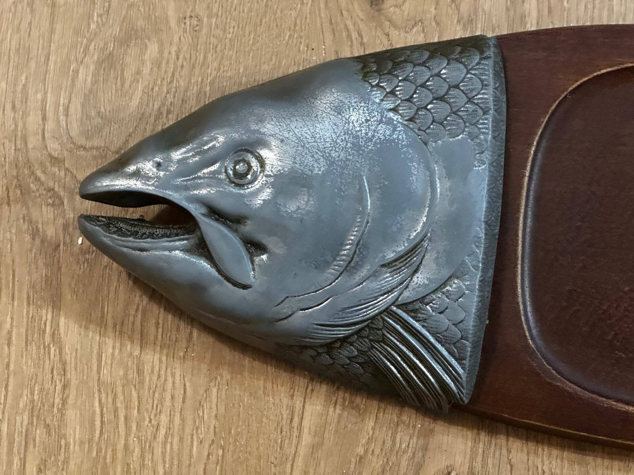 Vintage wooden and metal fish platter – salmon/trout serving tray –