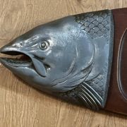 Vintage wooden and metal fish platter – salmon/trout serving tray –