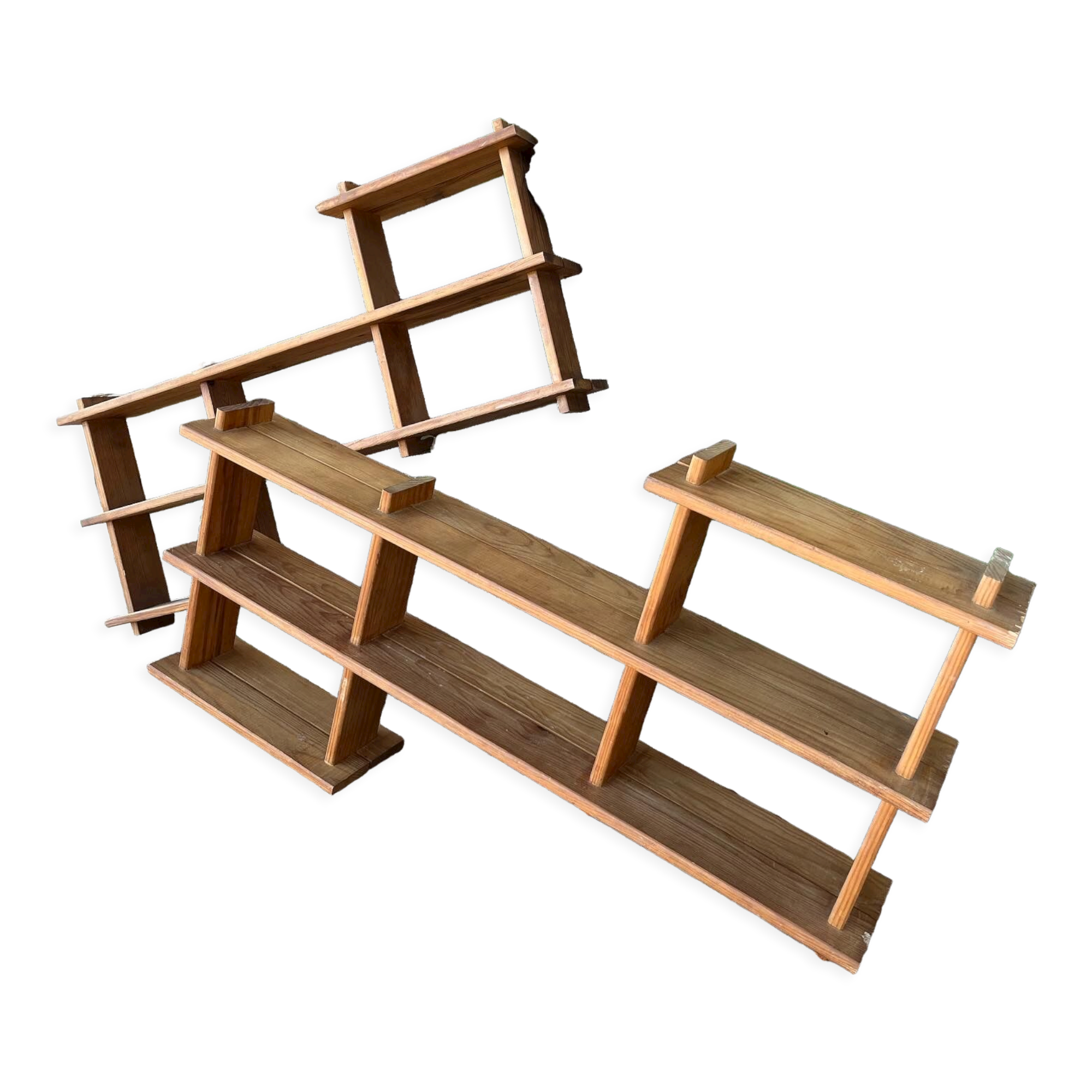 Asymmetrical shelf pairs in solid pine 70s