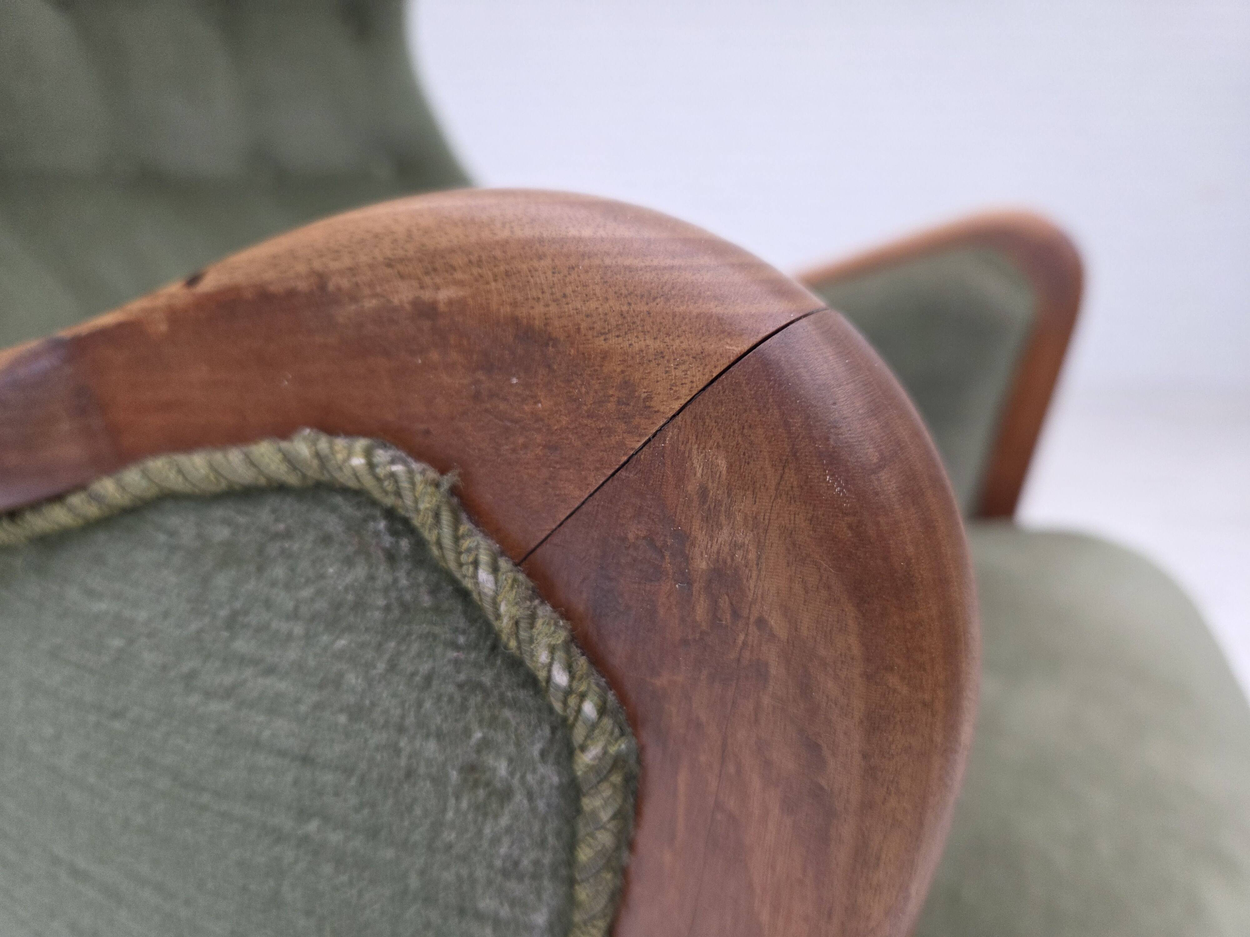 1960s, Danish highback armchair, green furniture velour, teak wood.