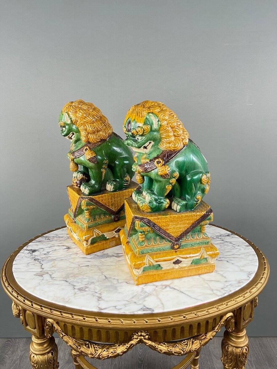 Pair of Guardian Lions in Glazed Ceramic, China, 20th Century