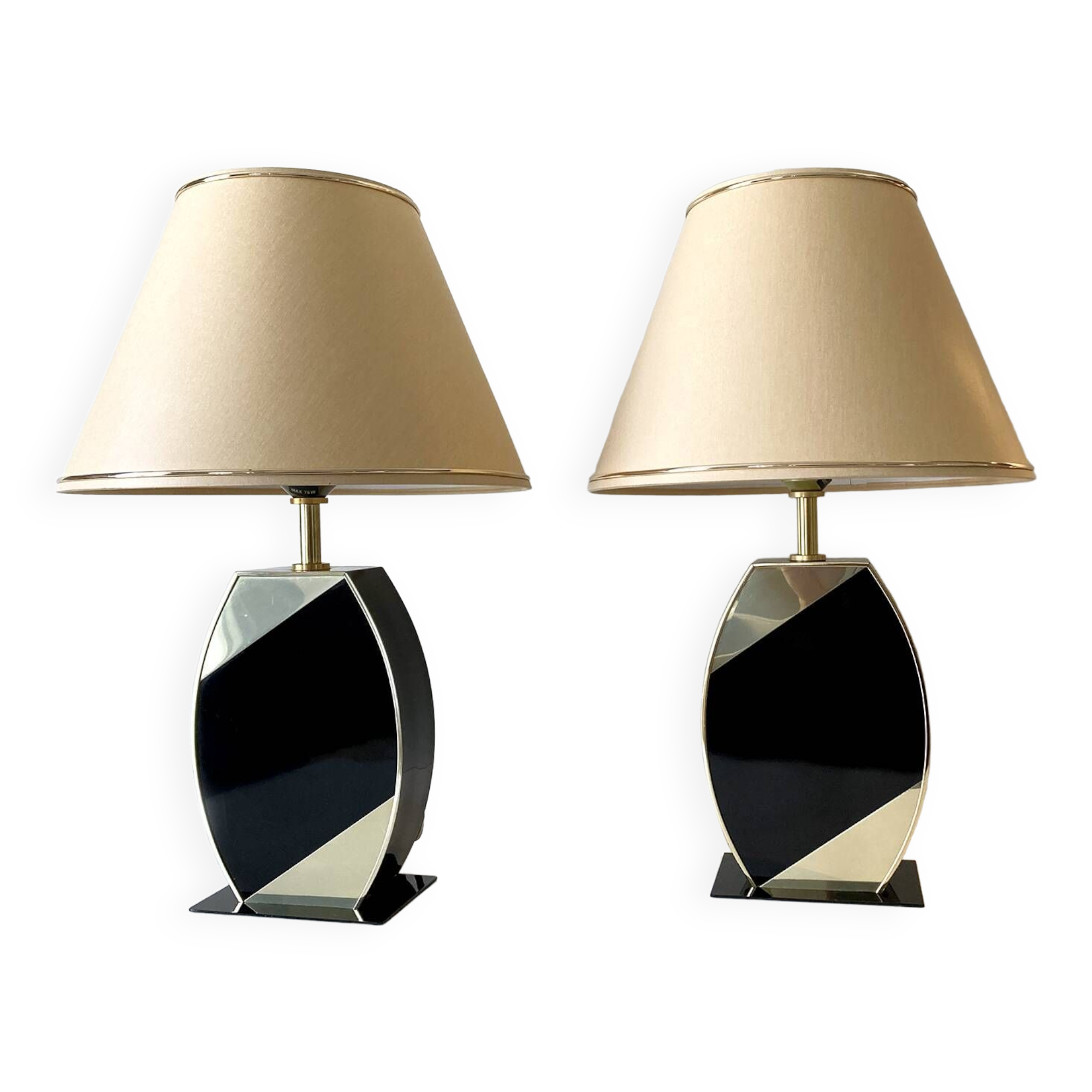 Pair of table lamps, the dolphin, black cream and gold 1970