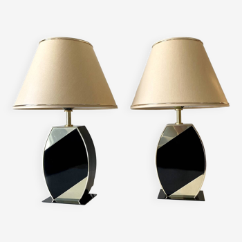 Pair of table lamps, the dolphin, cream black and gold 1970