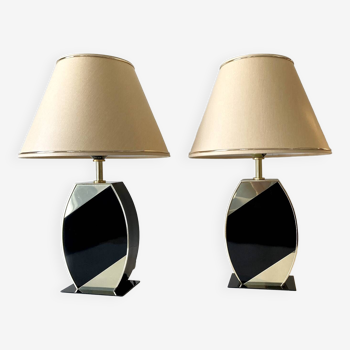 Paire de lampes à poser, le dauphin, noir crème et or 1970