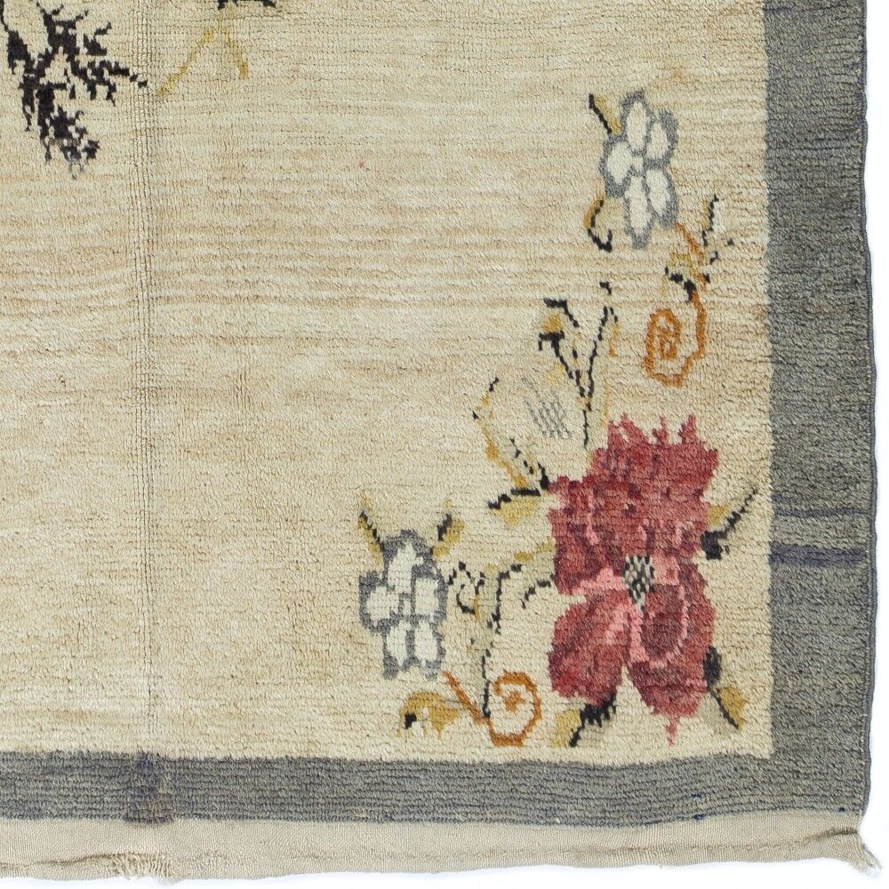 Vintage Hand-Knotted Turkish Tulu Rug with Floral Design in Cream, Gray and Red