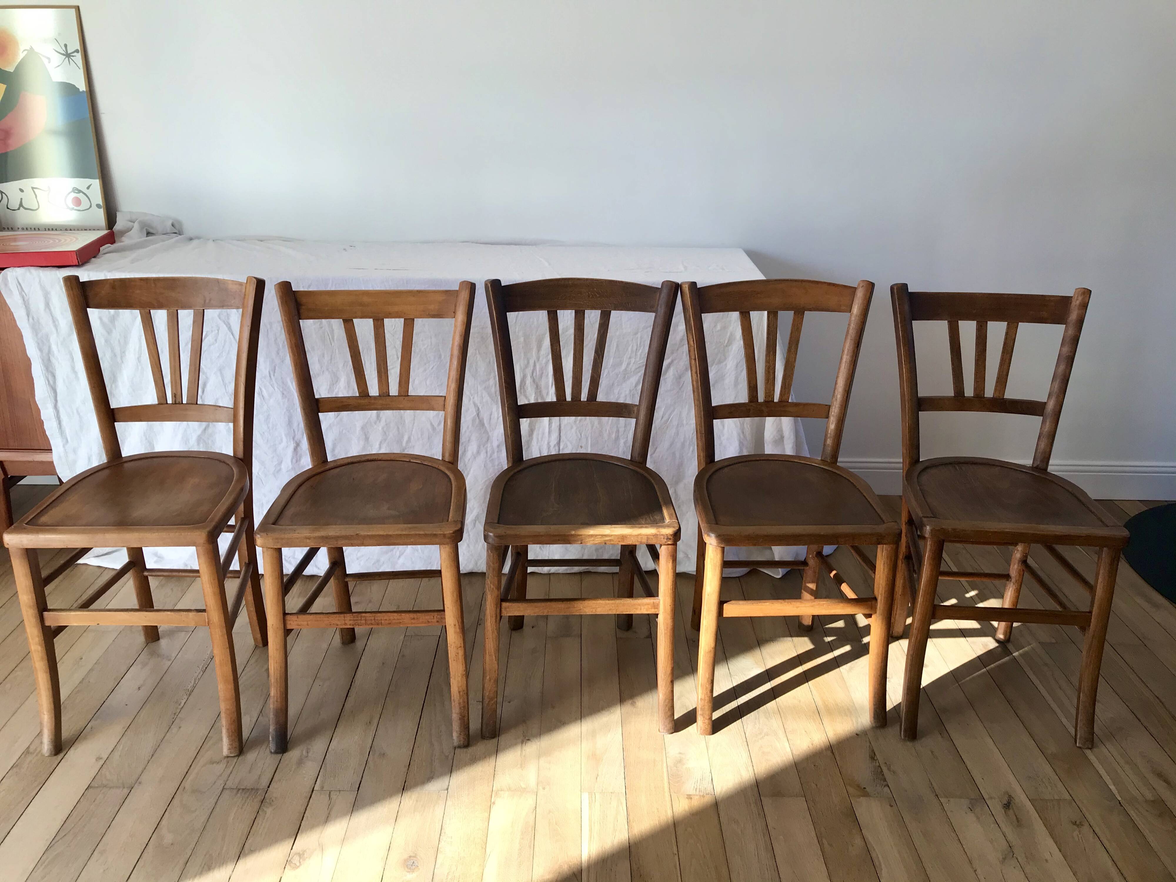 Set of 5 beech wood bistro chairs from the 1950s