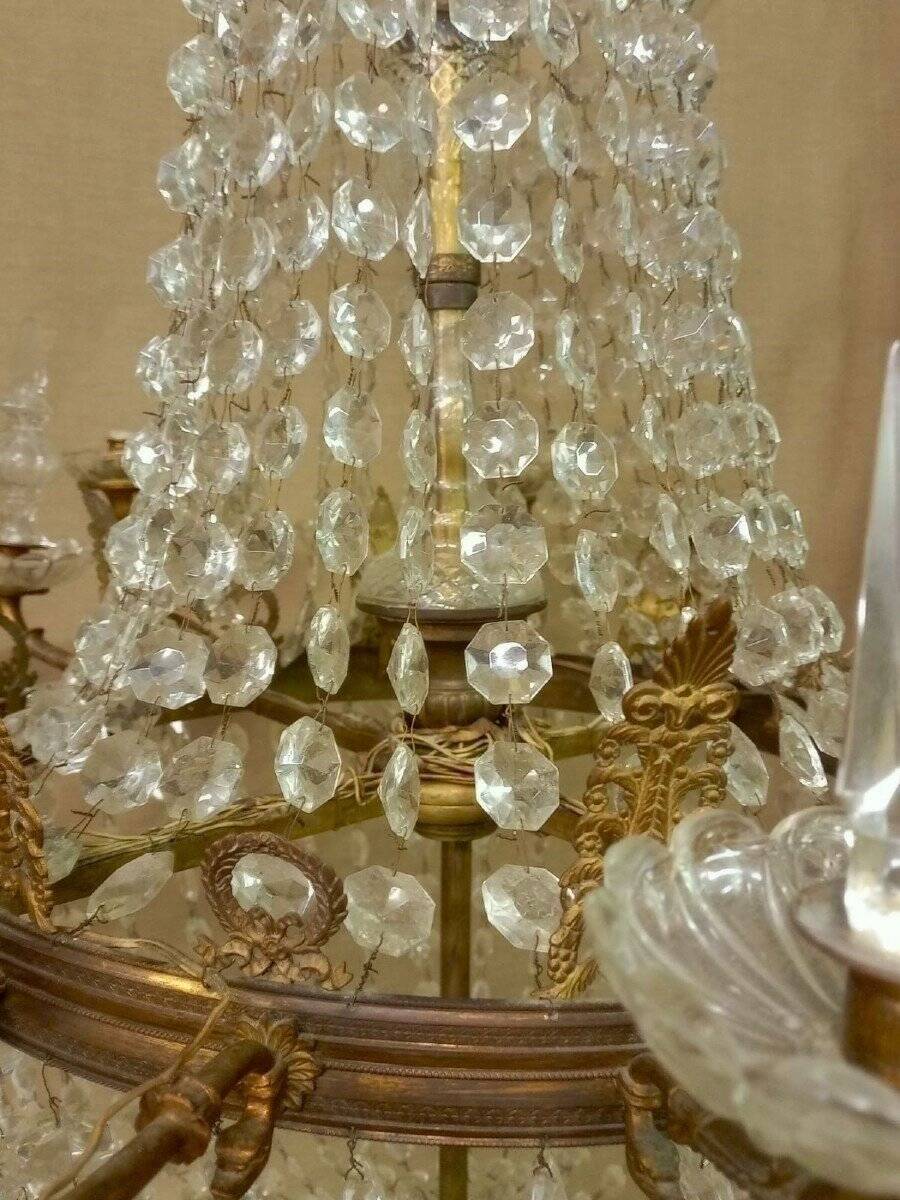 Large curved chandelier floor lamp in bronze and crystal, 19th century