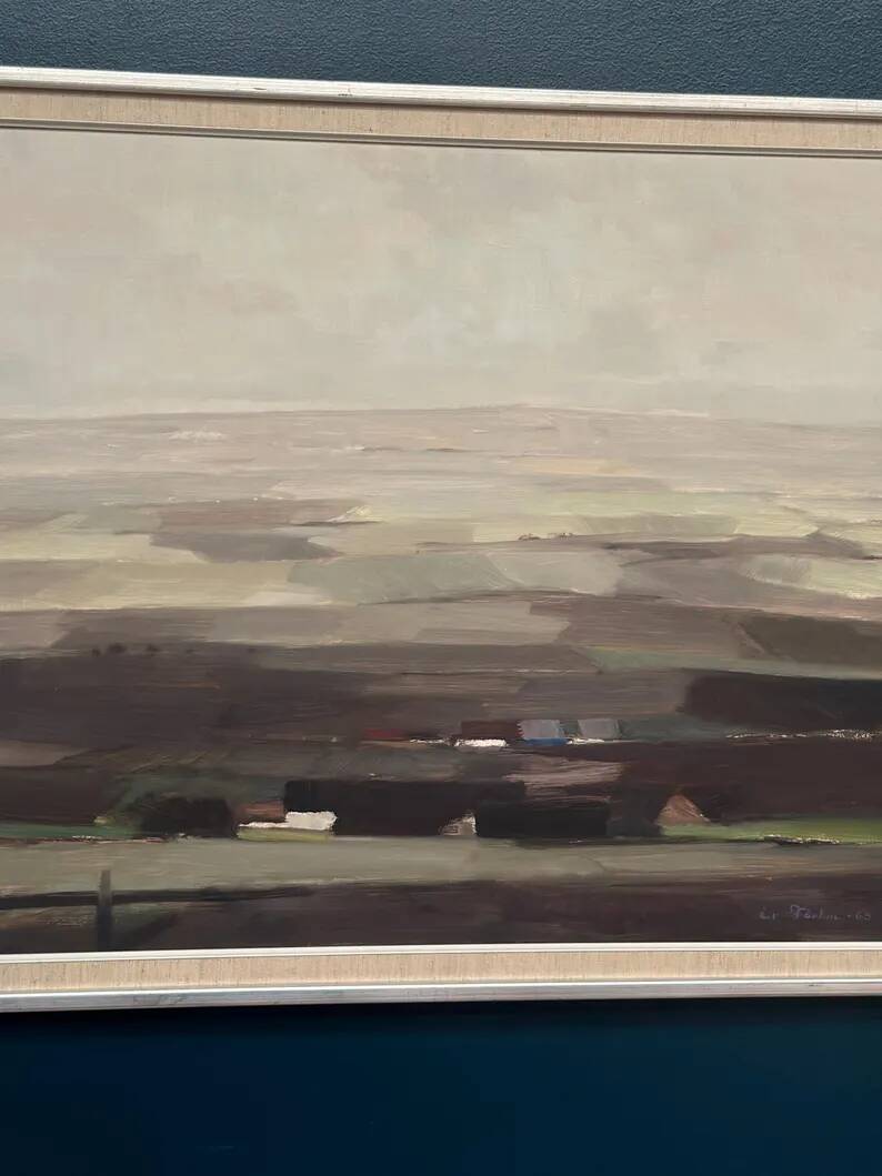 Oil on panel original Swedish - "House in a flat landscape" by Evert Färhm - Dated 1968 - vintage and framed - 81 × 68 cm (31.9" × 26.8")