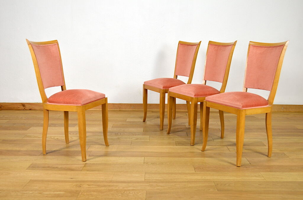 4 chaises hêtre & velours vintage 1950