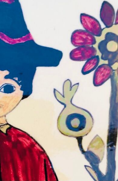 Vintage ceramic underside naïve rooster and gardener Dodik Bretagne naïve painting