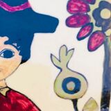 Vintage ceramic underside naïve rooster and gardener Dodik Bretagne naïve painting