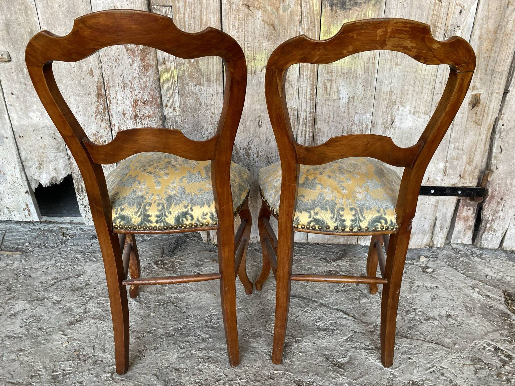Pair of Antique Louis Philippe Chairs Wood + Fabric Seat 19th Century Vintage