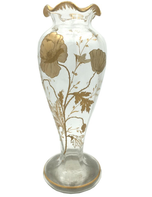 Vase art nouveau avec décor peint de coquelicots et de papillon 1900