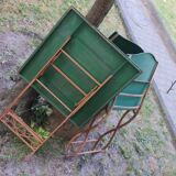 Mid century distressed painted iron garden table and 2 chairs, 1960s