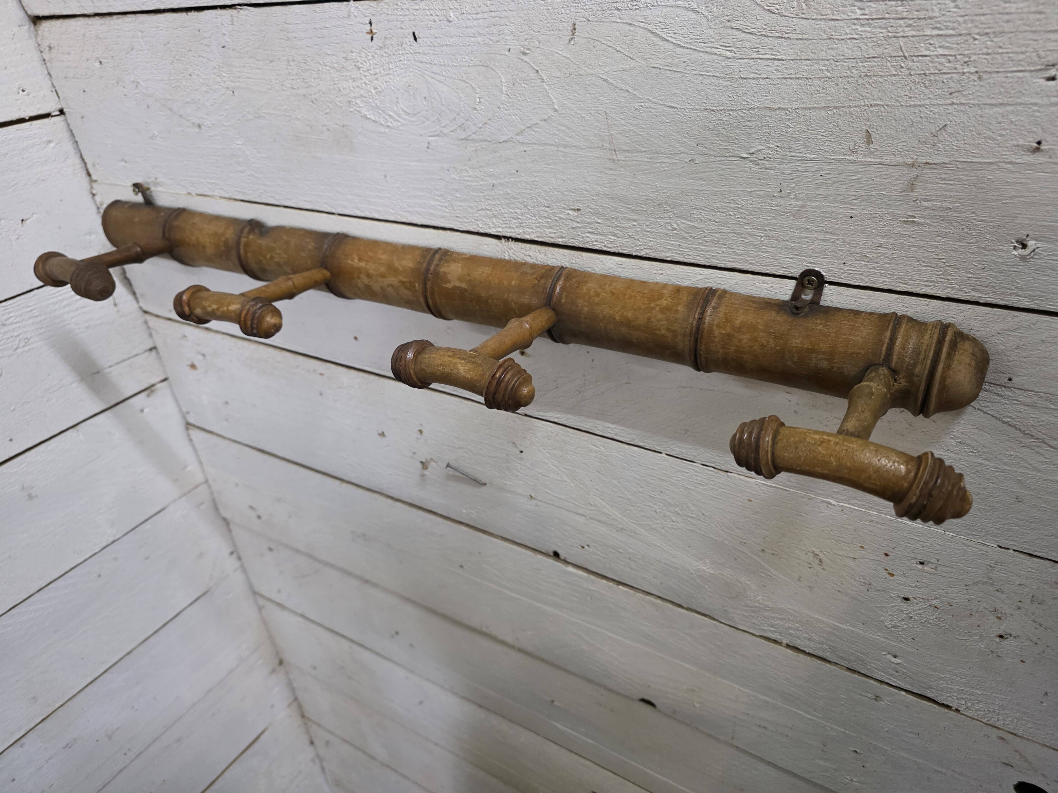 Bamboo wooden coat rack with 4 hooks, 1950s.