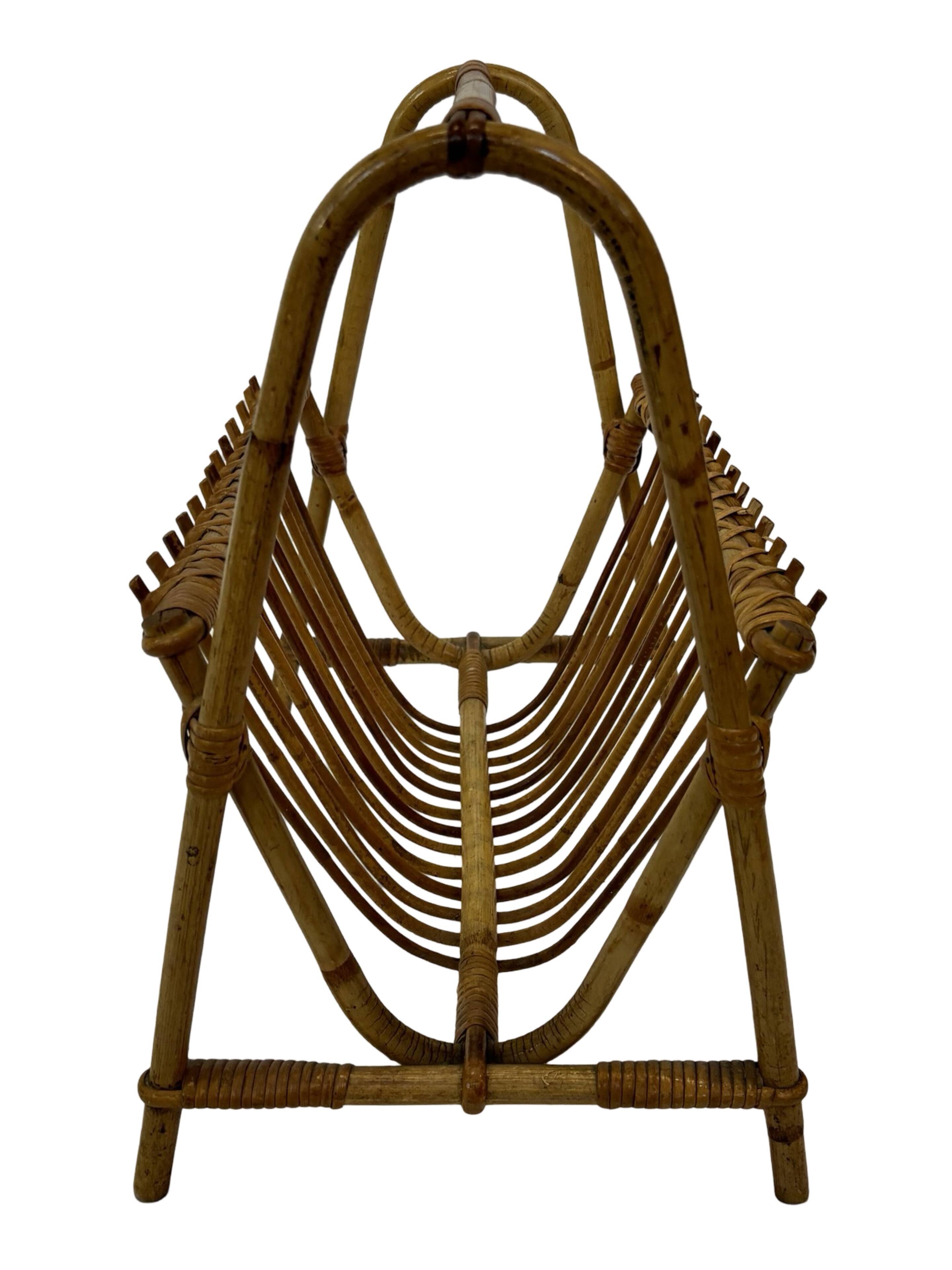 Vintage Rattan Magazine Basket Newspaper Rack 60s Rohe