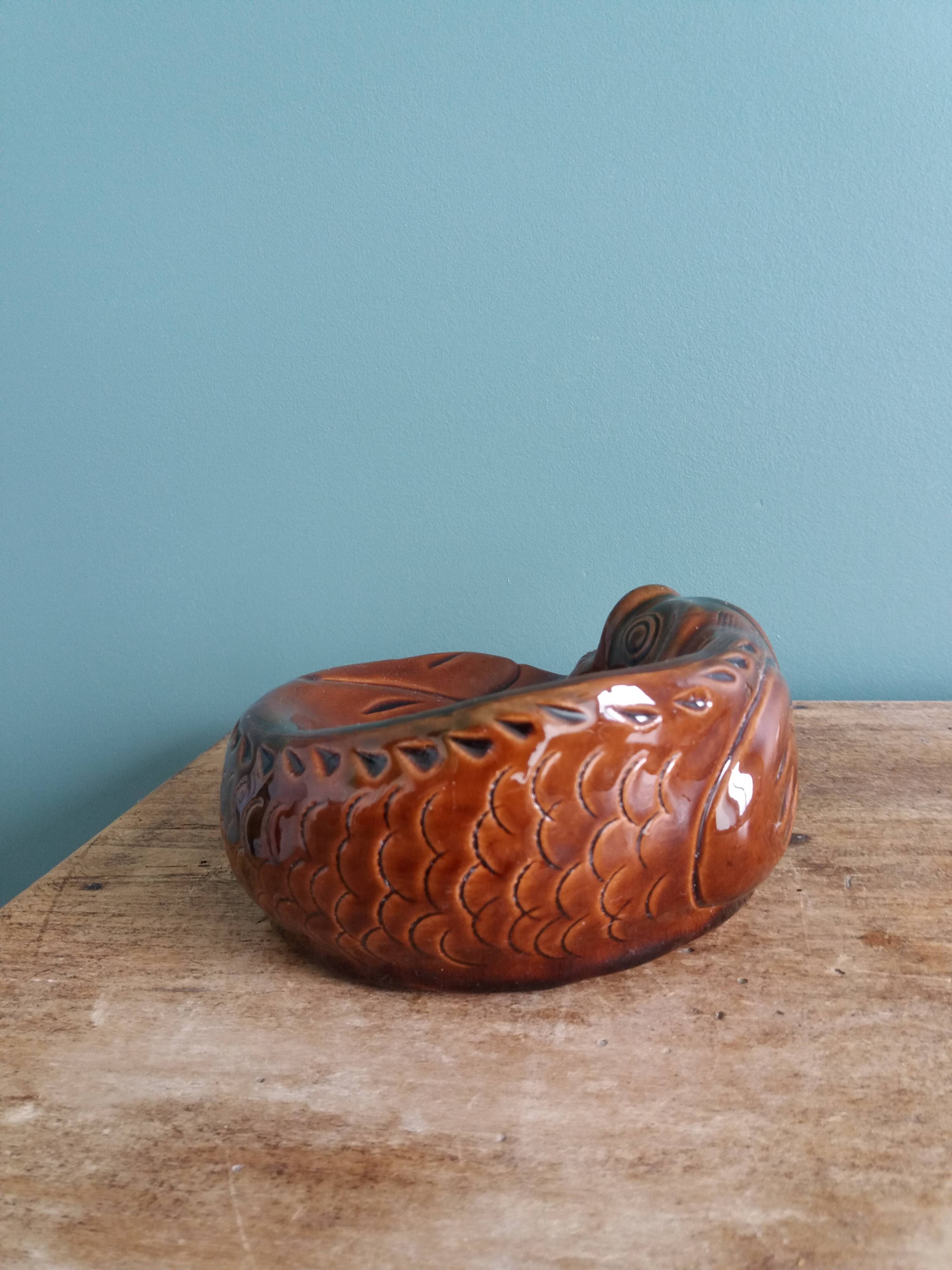 Zoomorphic fish ashtray in glazed terracotta