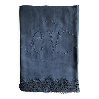 Drap Ancien En Lin Et Chanvre  Teinté en Bleu Nocturne