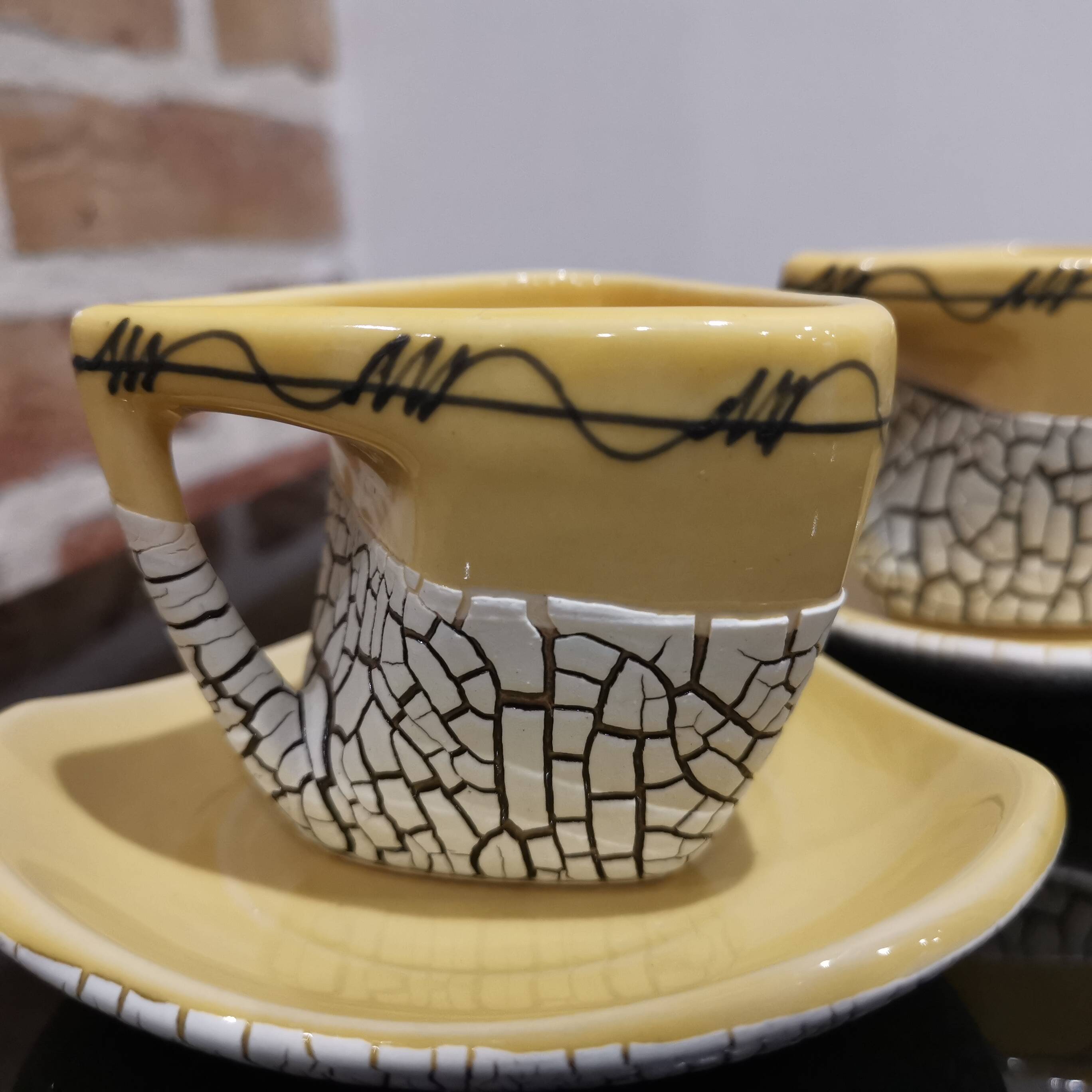 Cracked yellow Bat Trang tea set made in Vietnam