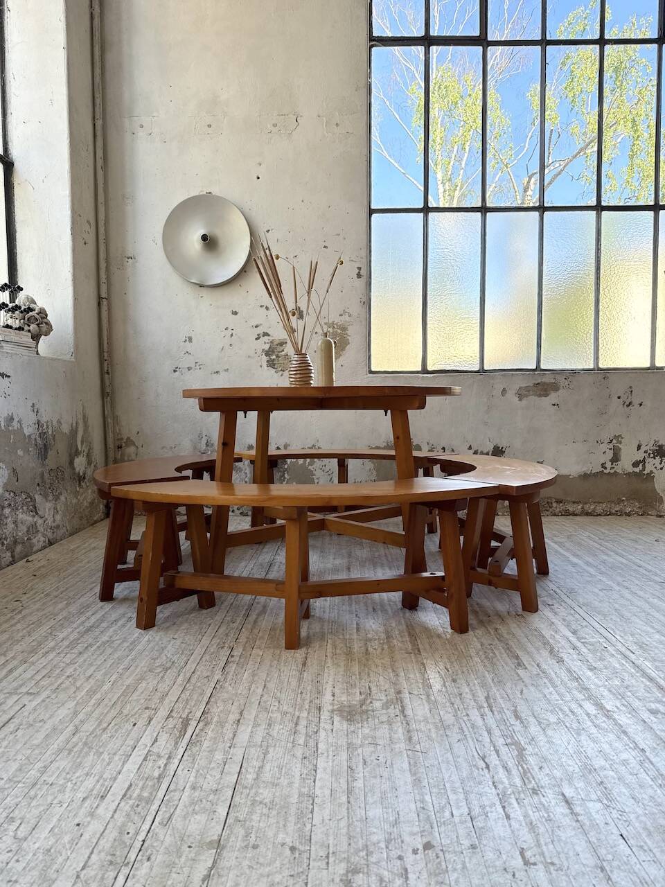 Set of round table and 4 rounded benches, 1950