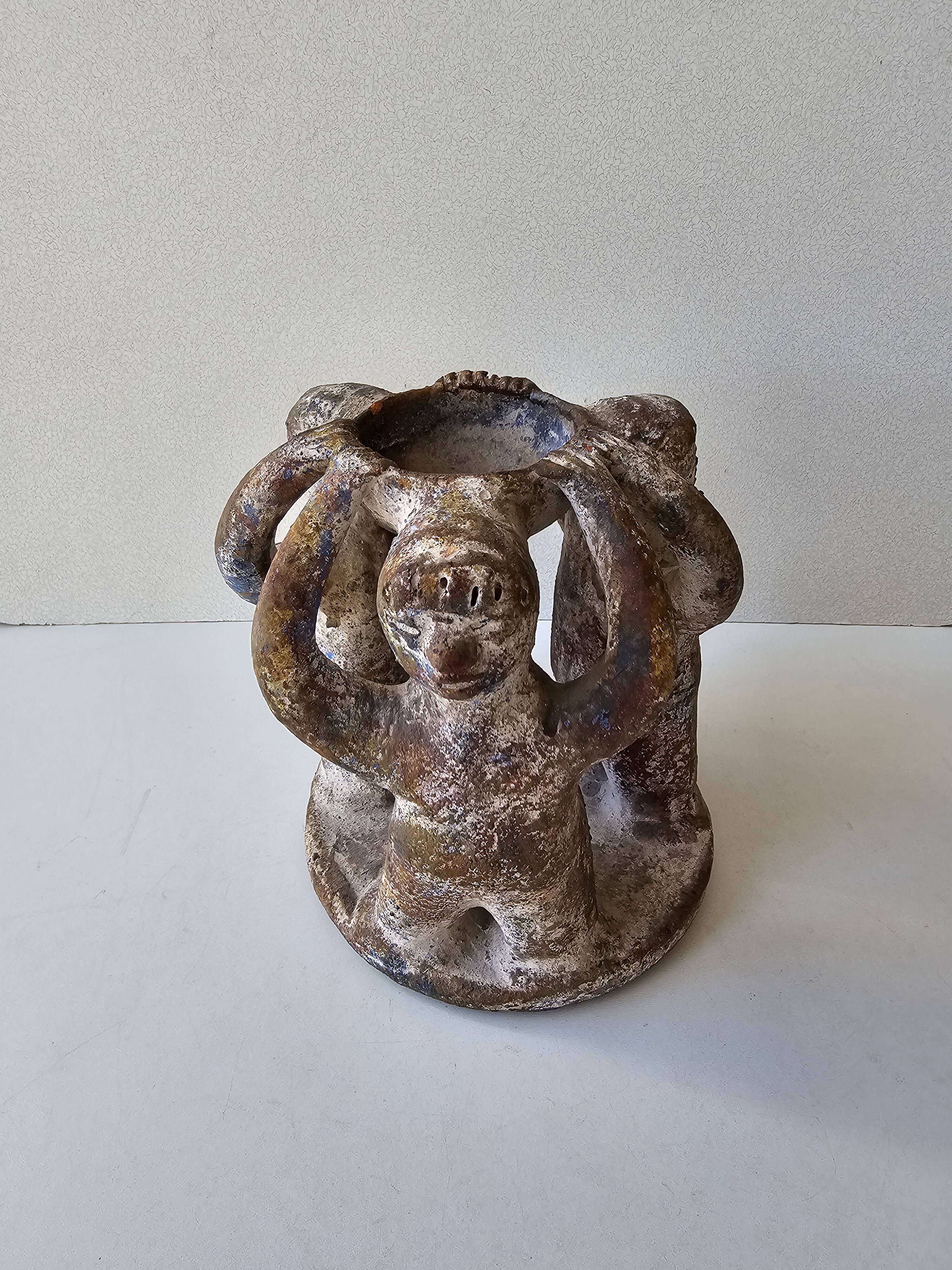 Terracotta Candle Holder Dancing 3 Aztec Characters - Tribal Art