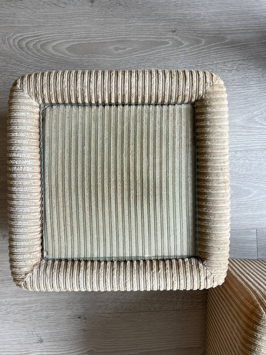 Pair of bedside tables, beige corduroy & glass