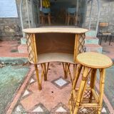 Vintage rattan bar with its two stools circa 1970