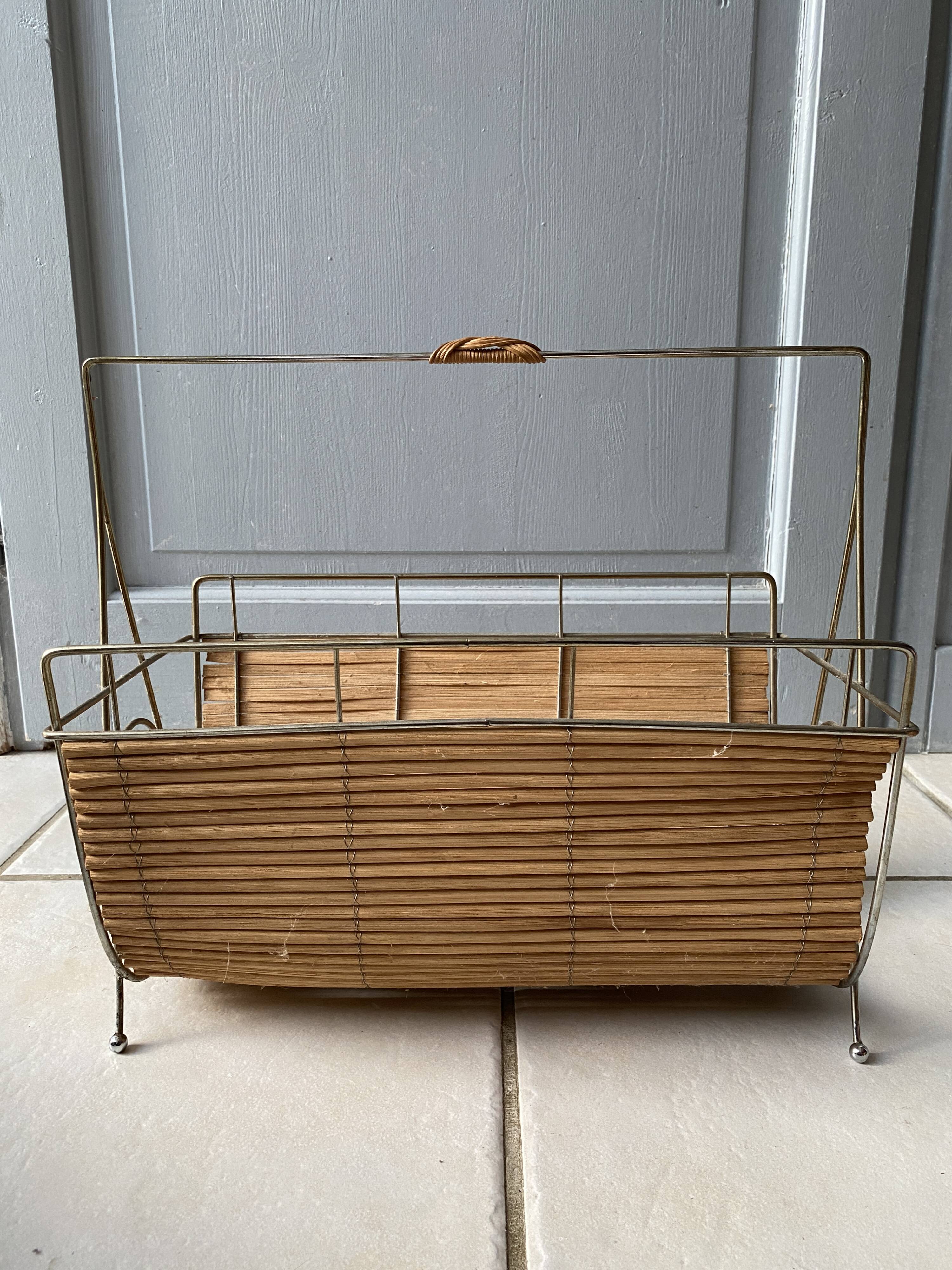 Vintage 1960s magazine rack / newspaper basket, brass & bamboo frame