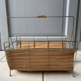 Vintage 1960s magazine rack / newspaper basket, brass & bamboo frame