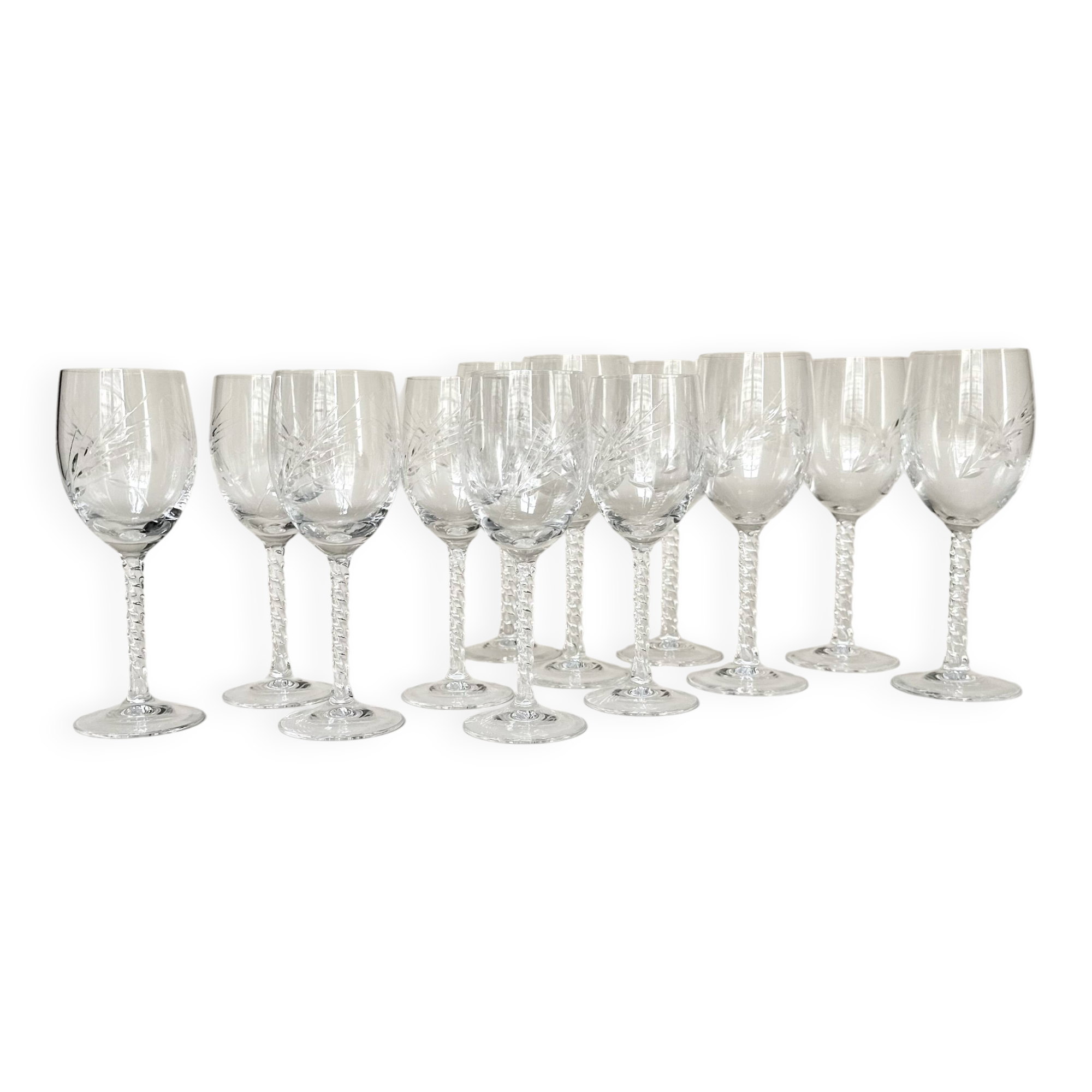 Set of six cut crystal wine glasses and six water glasses.