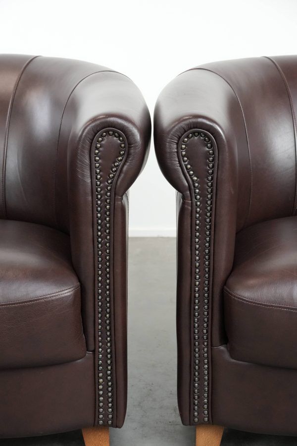 Set of two round cowhide  leather club armchairs in English style