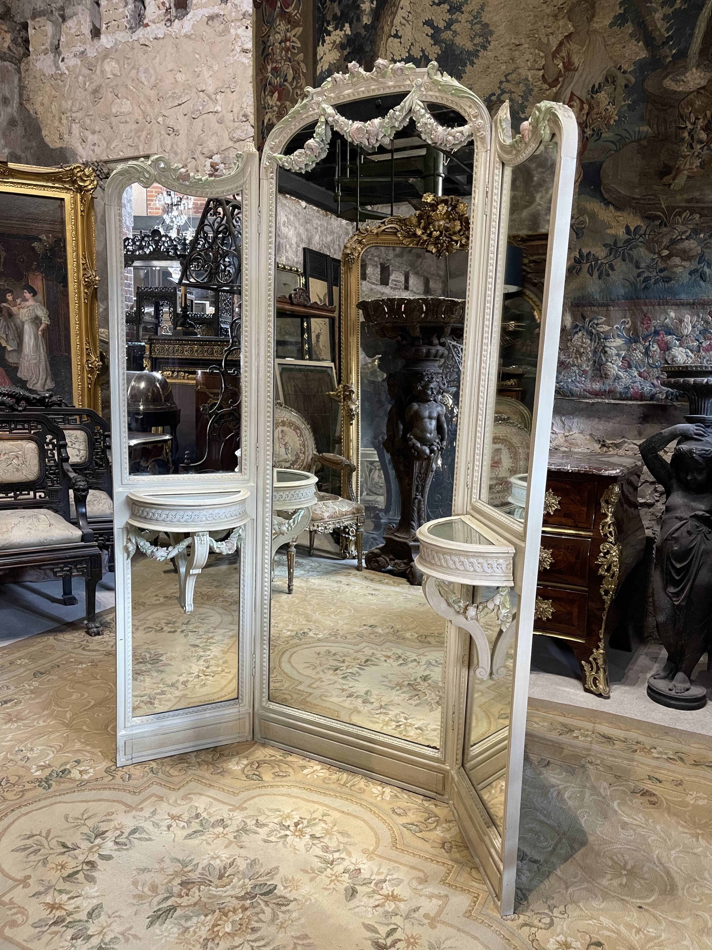 Mirror triptych style Louis XVI wooden rechampie cream XIX th century