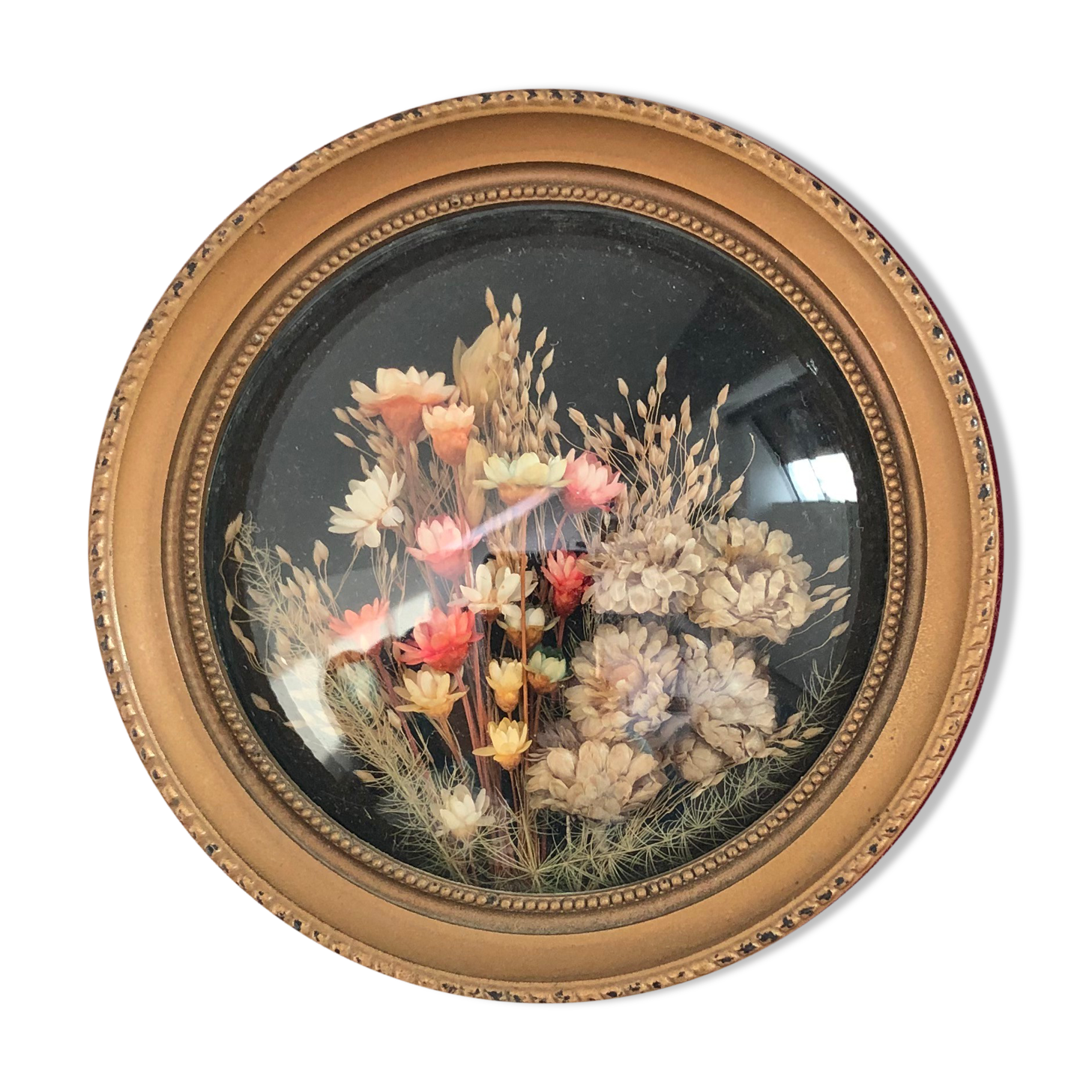 Bouquet of dried flowers - Bordeau velvet frame - bulging glass