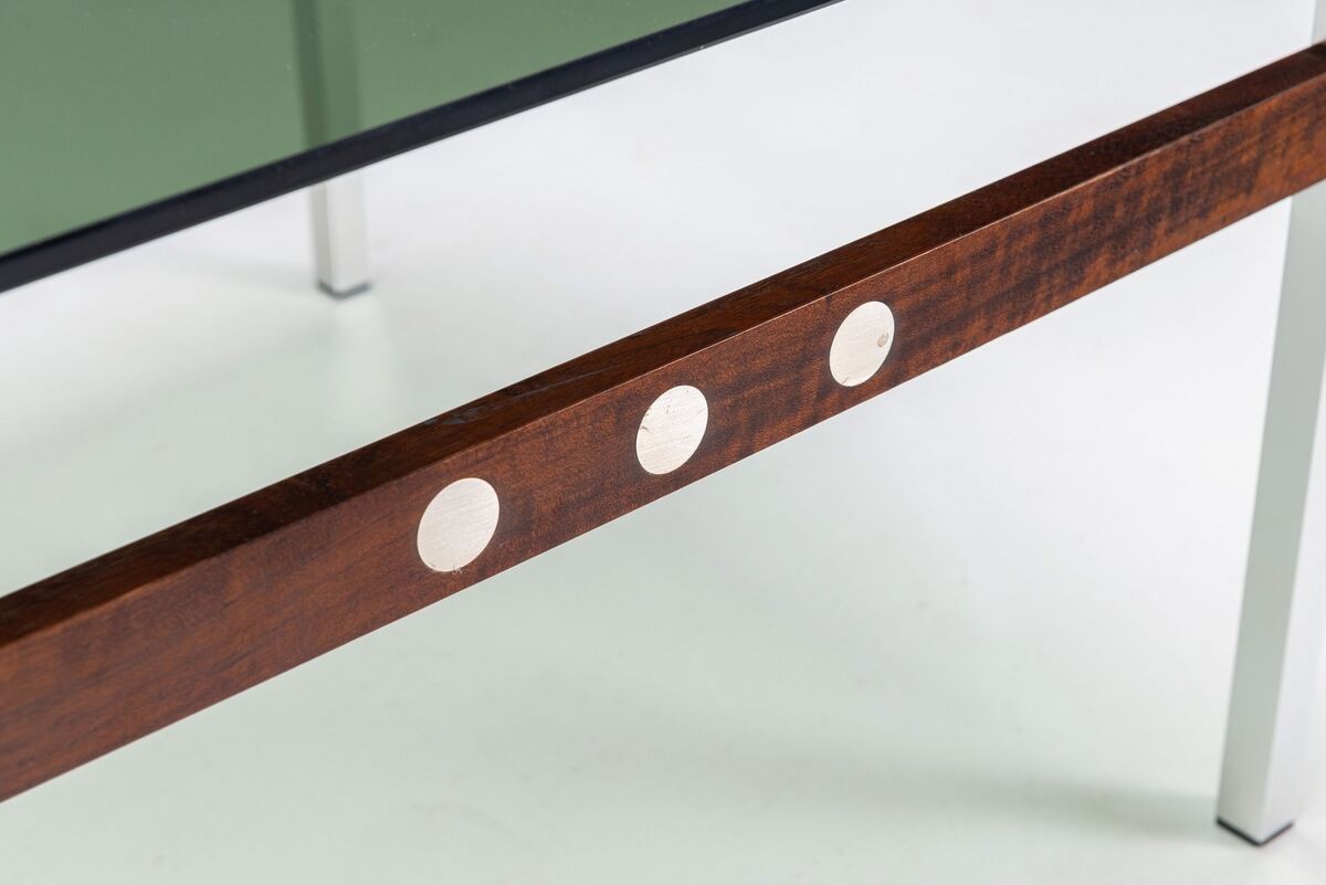 Scandinavian coffee table in metal, teak and smoked glass Denmark 1960