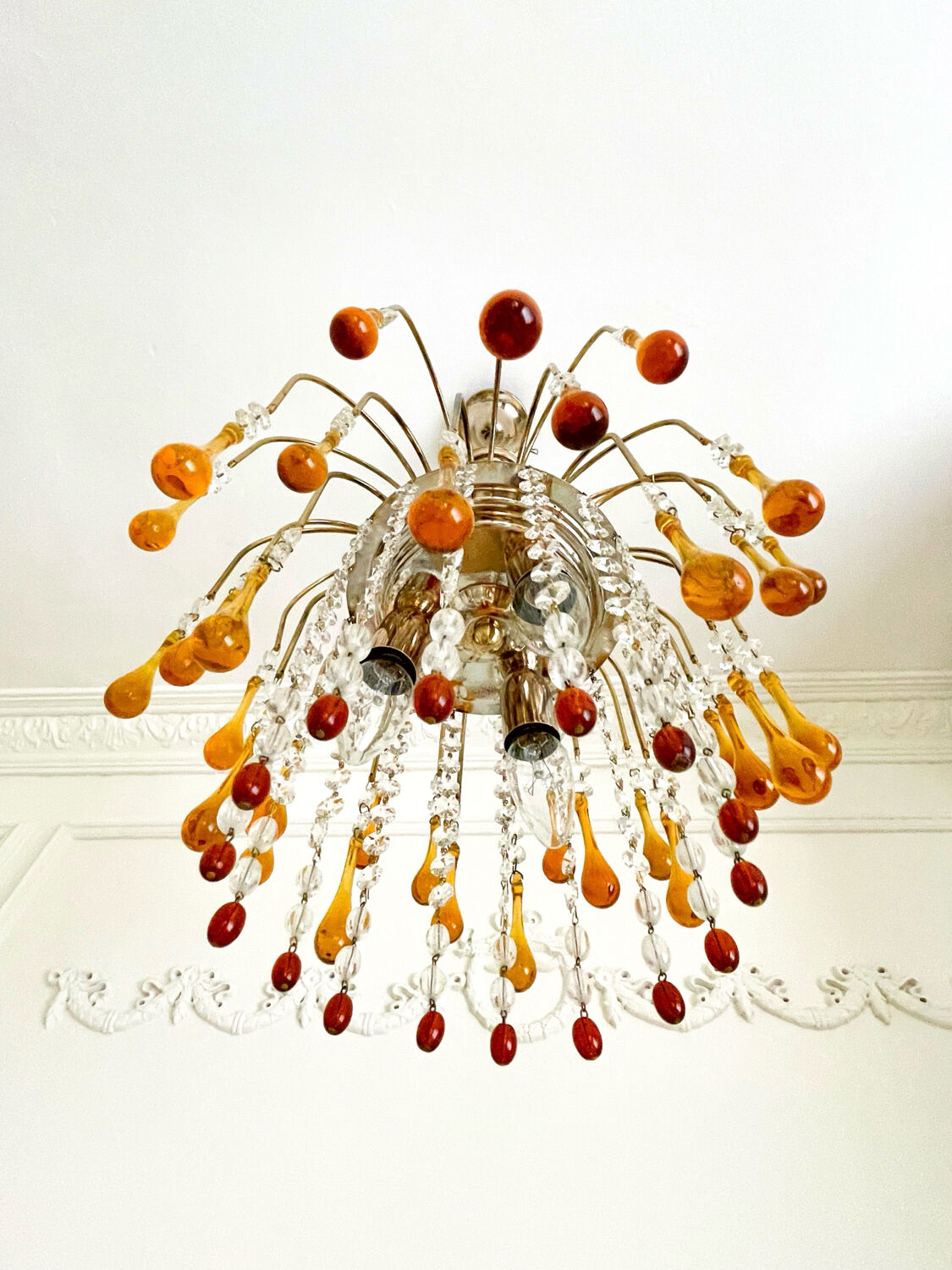 Lustre cascade Murano vintage en verre ambré et cristal, chandelier it