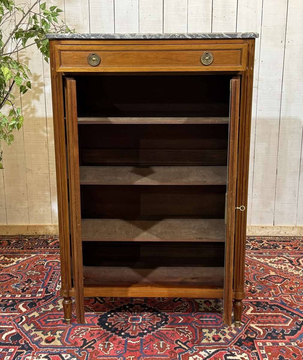 Small Louis XVI style cabinet in mahogany, oak, and marble top.