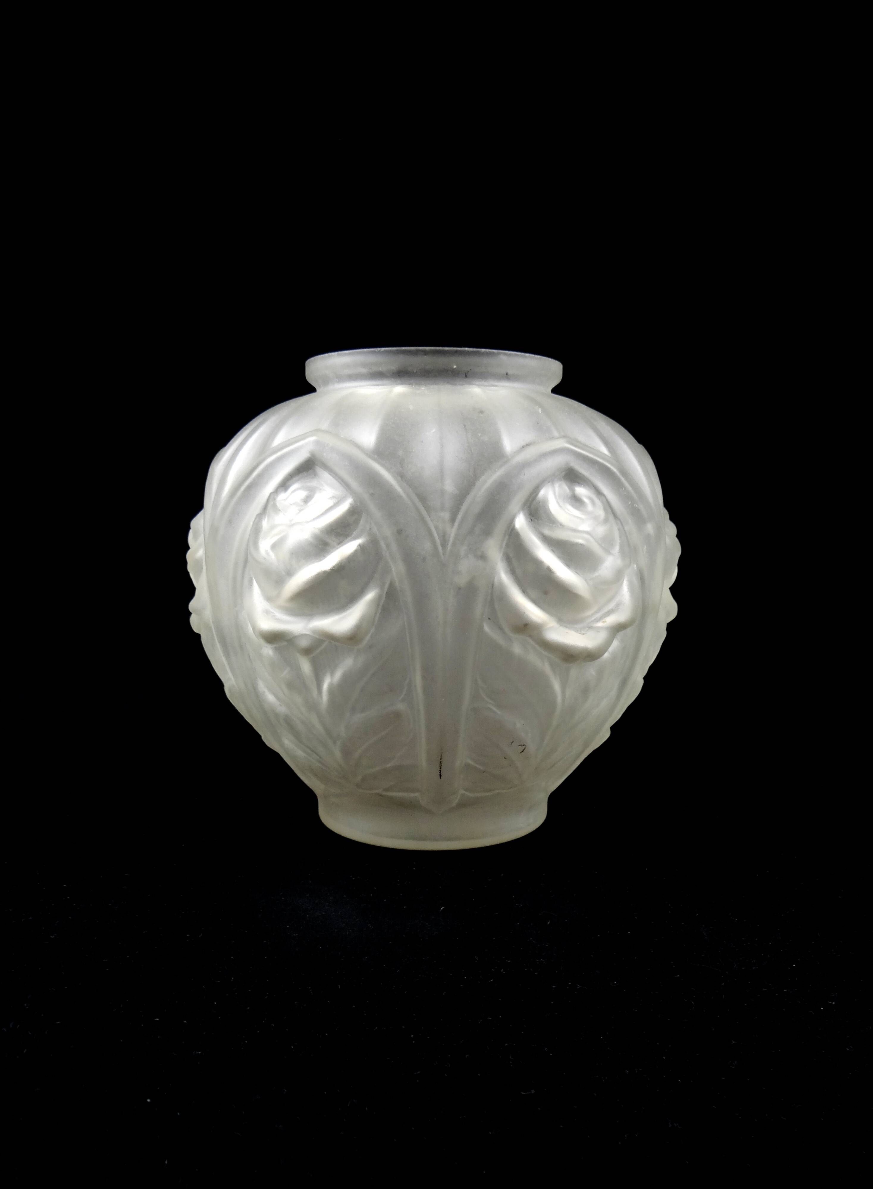 Art Deco ball vase with arches and roses in frosted molded glass